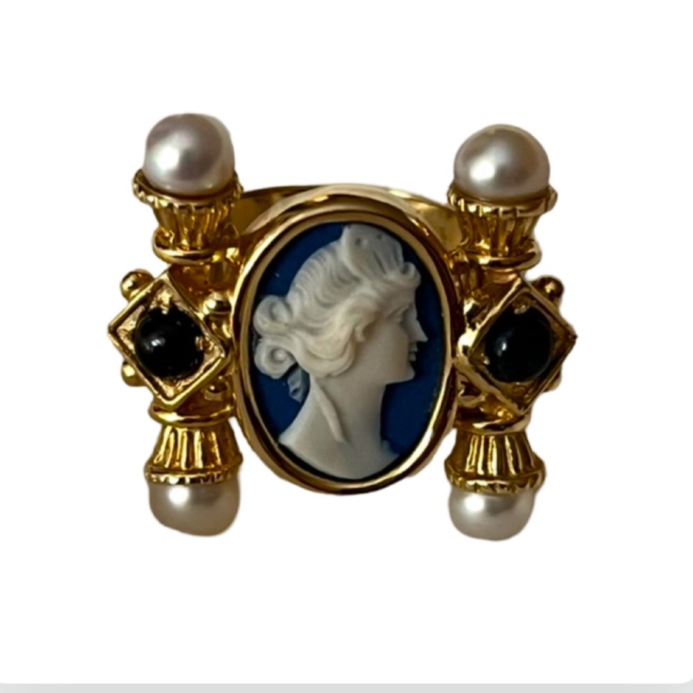 Renaissance Style 14K Glass Cameo, Pearl and Sapphire Ring Size 7 - Picture 9 of 14